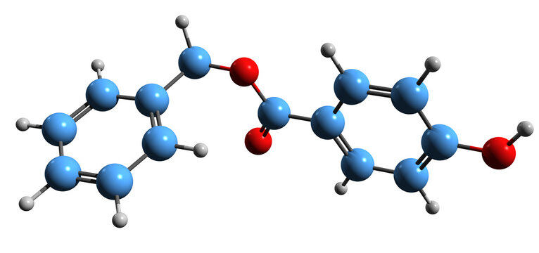  3D image of Benzylparaben skeletal formula - molecular chemical structure of Benzyl 4-hydroxybenzoate isolated on white background