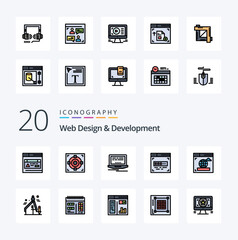 20 Web Design And Development Line Filled Color icon Pack. like success. target. monitor. webpage. interface