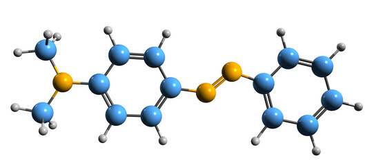  3D image of 4-Dimethylaminoazobenzene skeletal formula - molecular chemical structure of Methyl yellow isolated on white background - obrazy, fototapety, plakaty