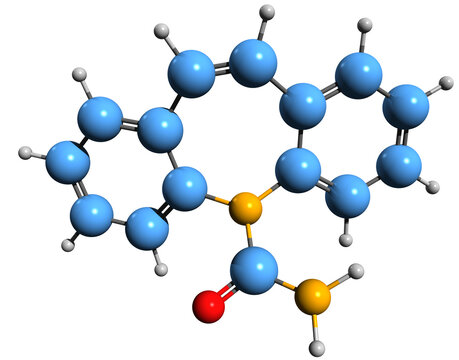  3D image of Carbamazepine skeletal formula - molecular chemical structure of anticonvulsant medication isolated on white background
