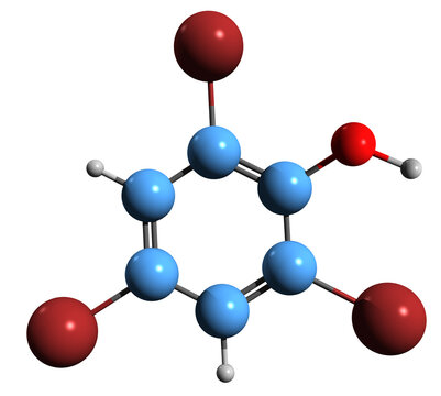  3D image of Tribromophenol skeletal formula - molecular chemical structure of  fungicide TBP isolated on white background
