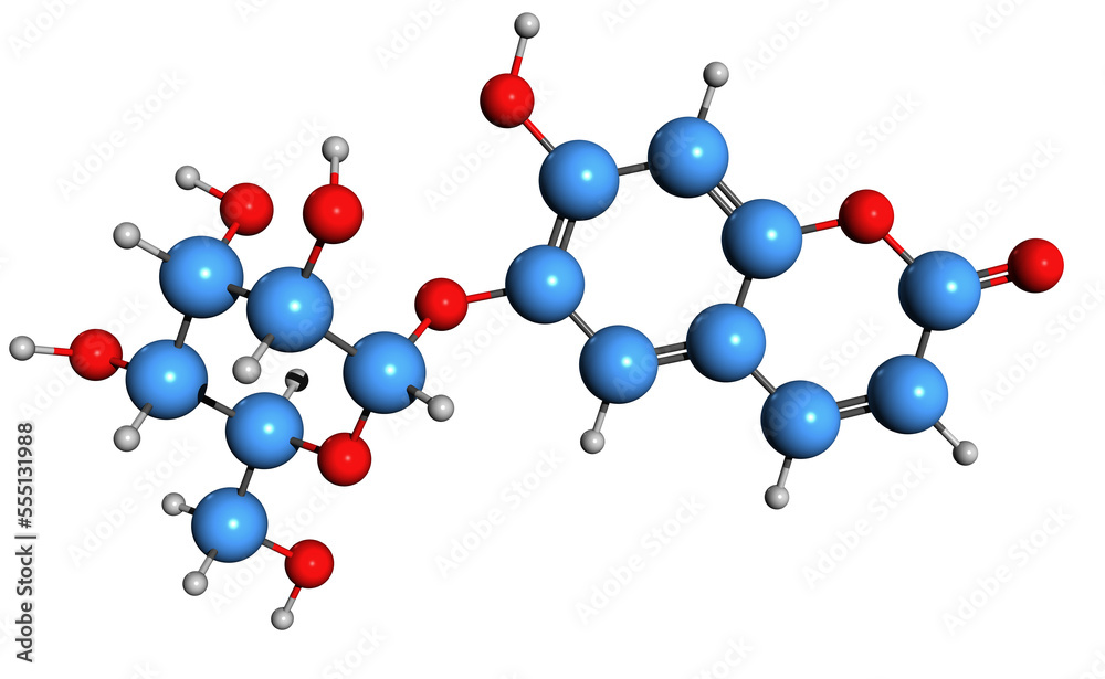 Poster 3d image of aesculin skeletal formula - molecular chemical structure of coumarin glucoside isolated 