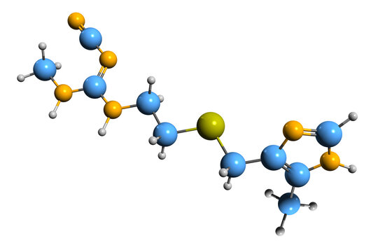  3D image of Cimetidine skeletal formula - molecular chemical structure of histamine H2 receptor antagonist isolated on white background
