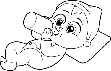 Outlined Cute Baby Boy Cartoon Character Drink Milk From Bottle. Vector Hand Drawn Illustration Isolated On Transparent Background