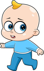 Cute Baby Boy Cartoon Character Takes First Steps. Vector Hand Drawn Illustration Isolated On Transparent Background