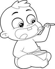 Outlined Cute Baby Boy Cartoon Character Eats With A Spoon From A Bowl. Vector Hand Drawn Illustration Isolated On Transparent Background