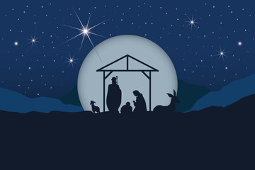 Christmas Manger Scene Vector Illustration - Dark Blue Background