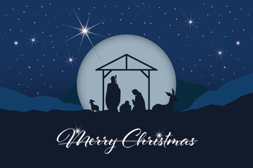 Christmas Manger Scene Vector Illustration - Dark Blue Accents With Merry Christmas Text