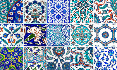 Set of hand-painted Turkish tiles with flowers pattern.