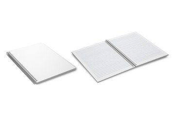 Blank realistic spiral notepad notebook isolated on white background. open and closed binded notebook. 3d rendering.