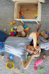 Stress, mother or toys in messy living room for spring cleaning, housekeeping or tidy maintenance...