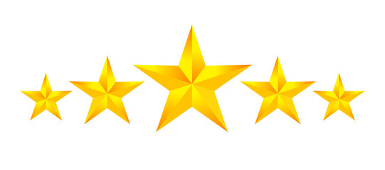 Gold star award. Five stars rating. 5-star quality rating icon. Gold star symbol isolated on white background. Vector, 2023