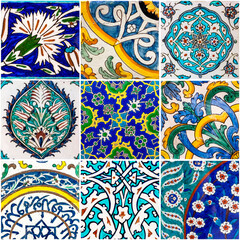 Set of ancient Iznik Turkish wall tiles with flowers pattern.
