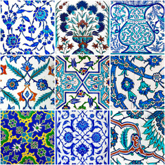 Set of antique Ottoman Iznik wall tiles with flowers pattern.