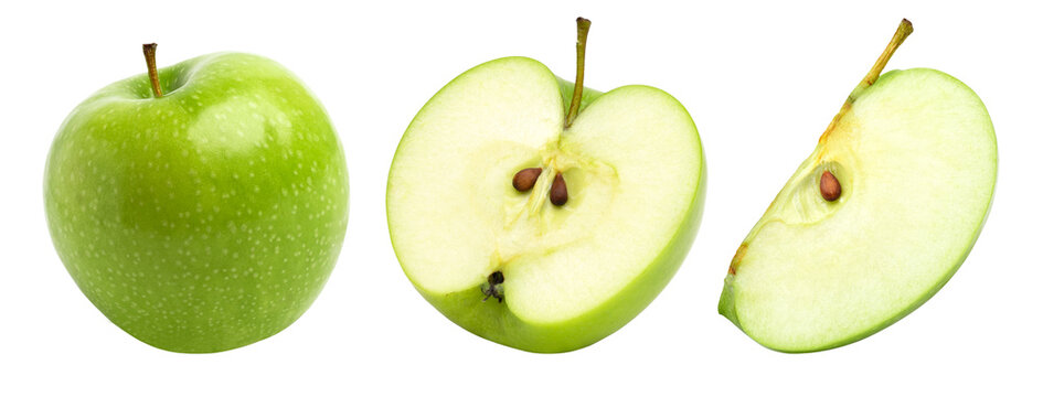 green apple, half and slice isolated, transparent png, collection, PNG format, cut out.
