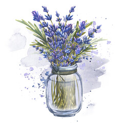 Lavender flowers and twigs in a glass jar against a background of watercolor spots and splashes of paint. Watercolor illustration. Composition from the LAVENDER SPA collection. For decoration, design.