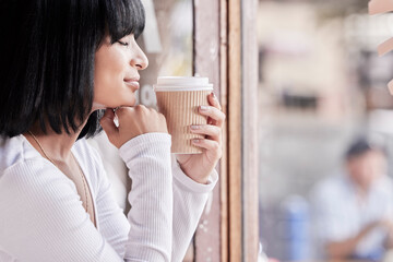 Relax, coffee shop and black woman smell coffee in morning for satisfaction, calm and peace on...