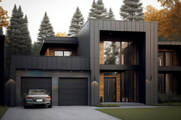 Modern house in dark graphite tones with convenient entrance and garage - obrazy, fototapety, plakaty