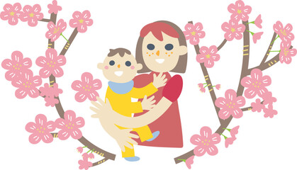 桜の花に囲まれる若い母親とベビー　イラスト素材
