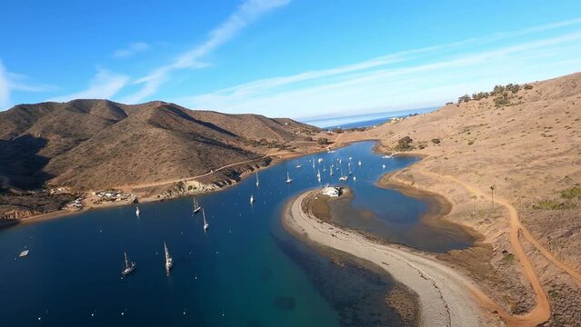 An aerial flyover of the Del Rey Yacht Club on Catalina Island off the coast of southern California. Helicopter GoPro footage. Longer segments may be available upon request.  	