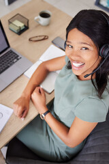 Black woman, office and call center in portrait for business communication, ecommerce management...