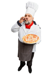 Portrait of bearded man, restaurant chef in uniform serving delicious pizza isolated on white background. Perfect Italian taste