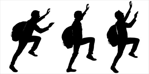 A guy with a backpack behind his back climbs up. Climbing tourist climber on the slope. Rock climber. Group of climbers with backpacks. Side view, profile. Three black silhouettes isolated on white