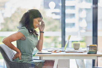 Burnout, back pain or black woman with headache in office from depression, mental health or anxiety...