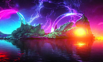 Fototapeta na wymiar fantasy landscape with colorful neon aurora