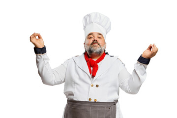 Portrait of bearded man, restaurant chef in uniform posing with proud professional look isolated on white background