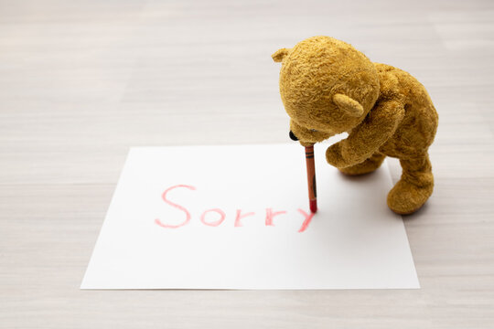 紙にクレヨンでsorryと書くテディーベアー