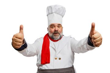 Portrait of bearded man, restaurant chef in uniform posing, showing positive gesture with fingers isolated on white background