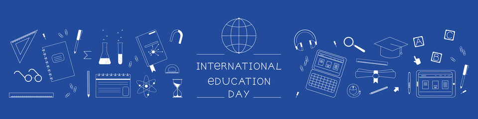 International education day banner white line on blue, school activities