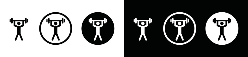 Fitness icon vector. Gym or fitness sports icon. Simple person lifting a barbell sign in black and white circle for sports app and websites, symbol illustration
