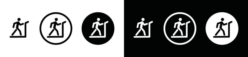 Running on treadmill icon vector. Man running on treadmill sports icon. Simple person easy run on treadmill sign in black and white circle for sports app and websites, symbol illustration