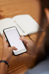 Woman, mock up and typing with smartphone, or connectivity and social media. Female, girl and phone with space for online reading, search internet or communication to connect and website for posting.