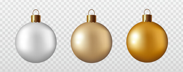 Gold Christmas tree balls set isolated on a transparent background. New Year holiday decor.