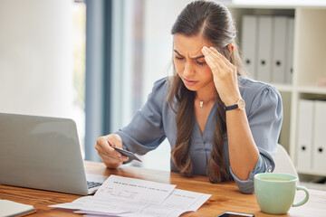 Stress, credit card or business woman with laptop confused with finance, burnout or budget...