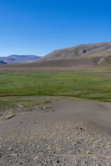 View of the landscape at Paso Vergara / Paso del Planchón in Argentina while climbing up to the complex of the three volcanos Azufre, Peteroa and Planchón 