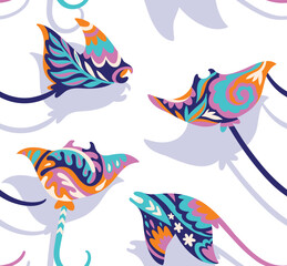 Seamless pattern with decorative sting ray or manta creatures. Gzel style - obrazy, fototapety, plakaty