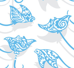 Seamless pattern with decorative sting ray or manta creatures in blue and white colours. Tribal style