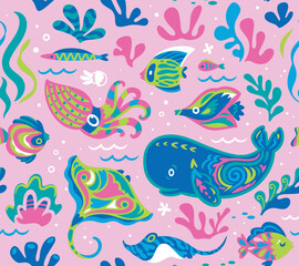 Fototapeta na wymiar Seamless pattern with cute underwater life in ethnic style
