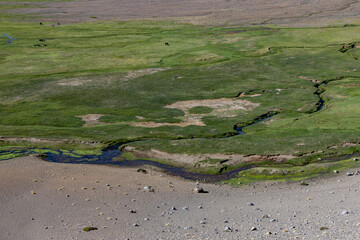 View of the landscape at Paso Vergara / Paso del Planchón in Argentina while climbing up to the complex of the three volcanos Azufre, Peteroa and Planchón 
