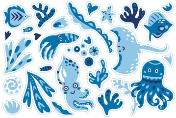 Blue sticker set with flat sea animals in childish style