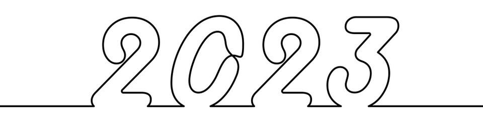 Continuous line drawing of 2023 year. One line drawing holiday background. Vector illustration. Abstract New Year background