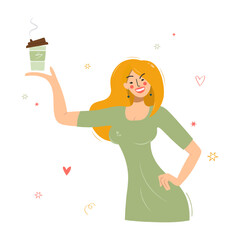 Obraz na płótnie Canvas Young woman drinks matcha tea in a plastic cup. Japanese traditions, green tea, coffee to go. Coffee shop.Hipster smiling female character. Flat vector illustration.