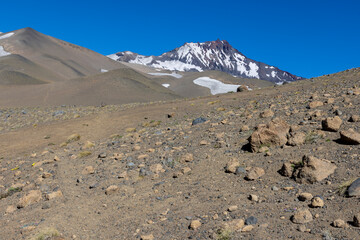 View of the landscape at Paso Vergara / Paso del Planchón in Argentina while climbing up to the complex of the three volcanos Azufre, Peteroa and Planchón 
