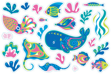 Fototapeta na wymiar Sticker set of hand drawn sea animals in decorative ethnic style