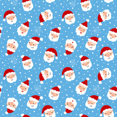 Funny Christmas pattern with Santa Claus heads and snowflakes. Cute seamless vector print for kids textile, wrapping paper