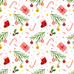 Winter pattern with holly berries, socks, Christmas tree branches, candy canes. Seamless vector background drawn in flat style for textile, wrapping paper, scrapbooking design
